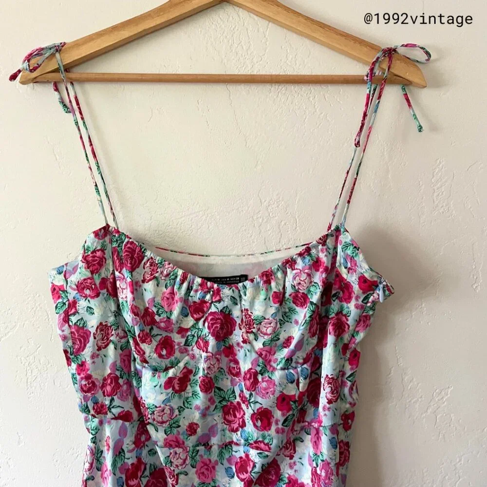 ZARA Floral Print Slip Dress Pink Blue Satin  | Size M - Picture 4 of 10